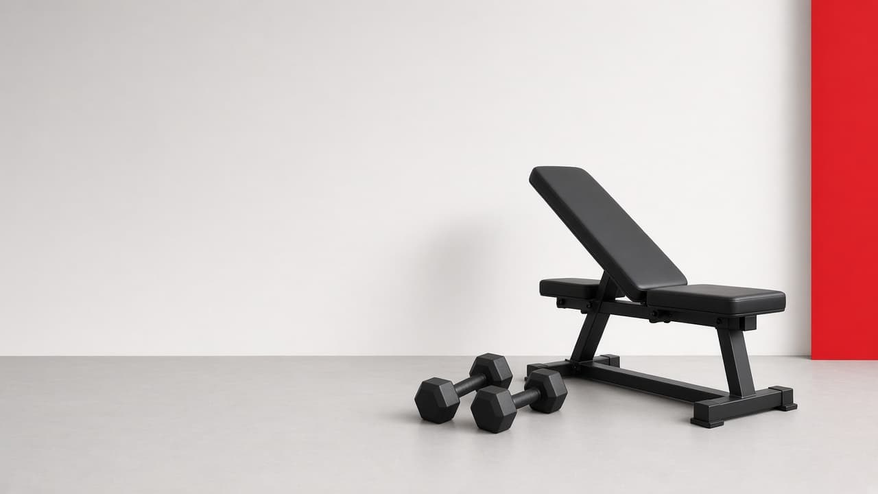 A black training bench and dumbbells in a bright equipment space.